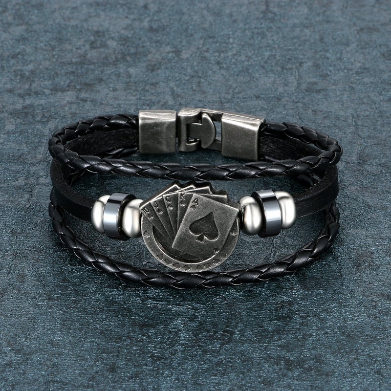 Aroncent 2 Pcs Stainless Steel Ace of Spades Necklace Braided Leather Cool Bracelet Poker Jewerly Set Cool Bracelets Cool Necklace for Men - Image 3